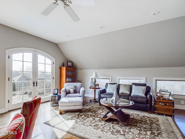 400 Bancroft Chapel Rd, Kingsport, TN 37660 - living room featuring vaulted ceiling, plenty of natural light, a ceiling fan, french doors, and baseboards