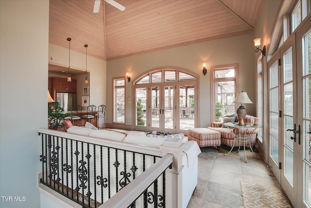 400 Bancroft Chapel Rd, Kingsport, TN 37660 - living room with french doors, wood ceiling, high vaulted ceiling, and ceiling fan