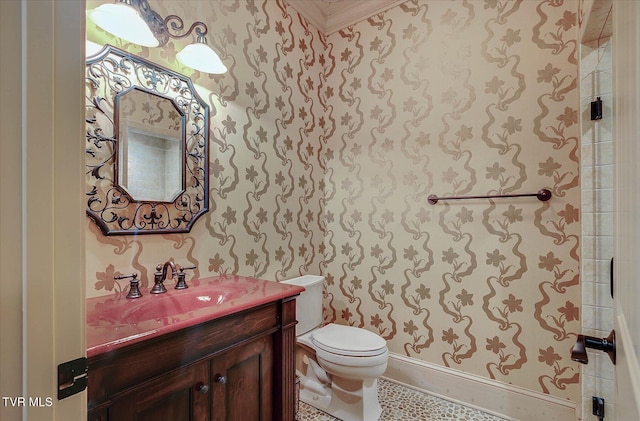 400 Bancroft Chapel Rd, Kingsport, TN 37660 - bathroom featuring wallpapered walls, toilet, vanity, baseboards, and crown molding