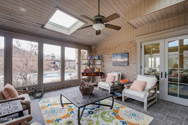400 Bancroft Chapel Rd, Kingsport, TN 37660 - sunroom / solarium featuring french doors, wooden ceiling, a skylight, lofted ceiling, and brick wall