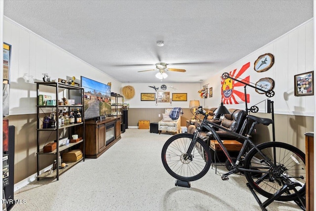 misc room featuring ceiling fan, ornamental molding, carpet flooring, and a textured ceiling