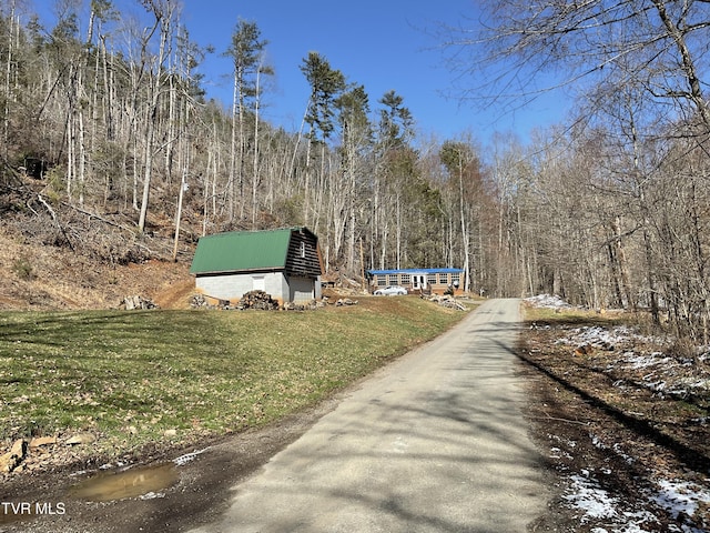 view of road featuring driveway and a forest view