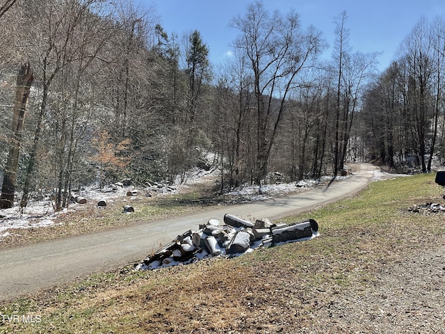 view of road featuring a forest view