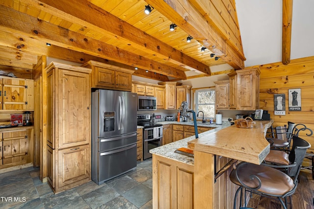 kitchen featuring wooden walls, stainless steel appliances, wooden ceiling, kitchen peninsula, and beamed ceiling