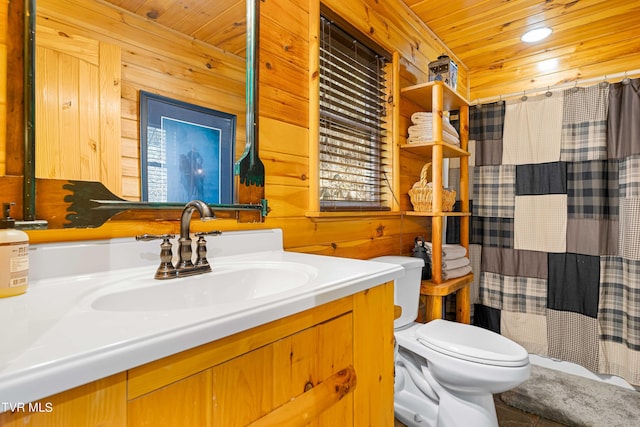 bathroom with wood walls, vanity, toilet, wooden ceiling, and a shower with shower curtain