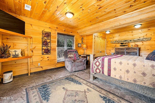 bedroom featuring wood ceiling and wooden walls