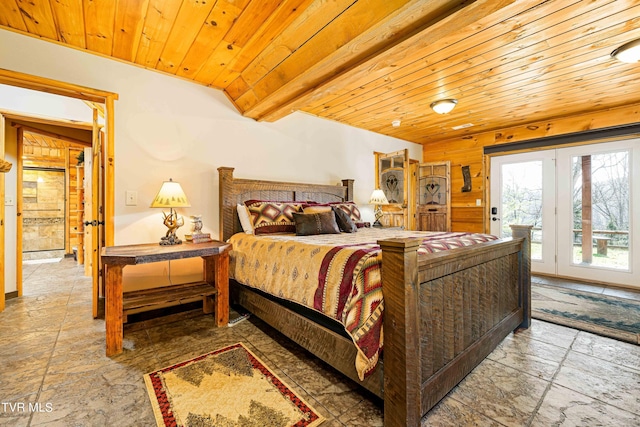 bedroom featuring access to exterior and wooden ceiling