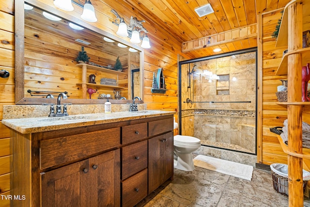 bathroom featuring wooden walls, a shower with shower door, vanity, wood ceiling, and toilet