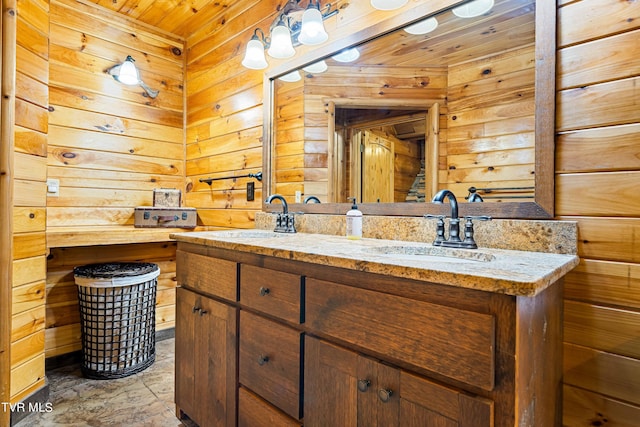 bathroom featuring vanity, wood ceiling, and wooden walls