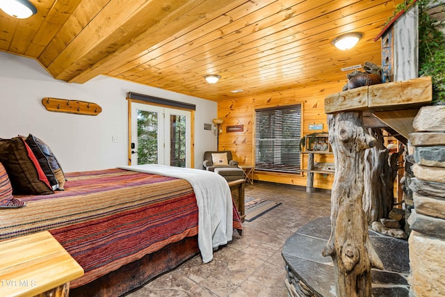 bedroom with access to outside and wooden ceiling