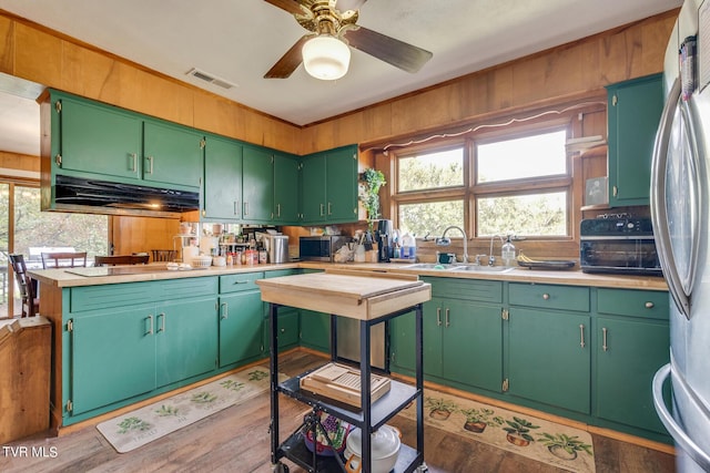 kitchen featuring appliances with stainless steel finishes, sink, green cabinets, ceiling fan, and light hardwood / wood-style floors