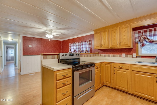 kitchen featuring sink, stainless steel electric range, light hardwood / wood-style floors, and ceiling fan