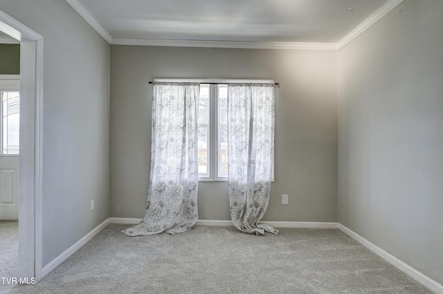 empty room with ornamental molding and carpet