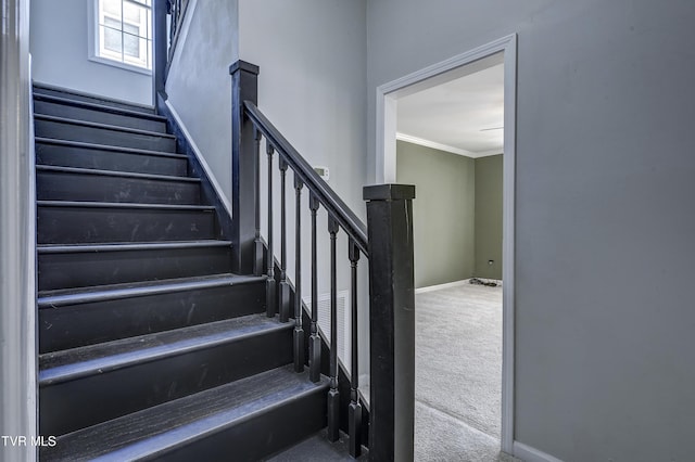 stairs with crown molding and carpet flooring