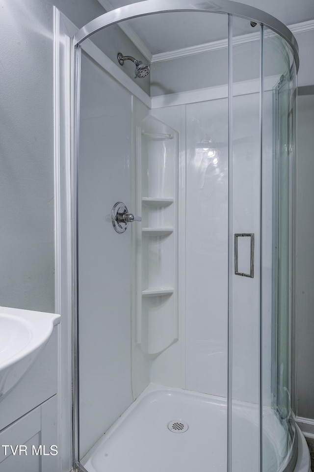 bathroom featuring vanity, ornamental molding, and walk in shower