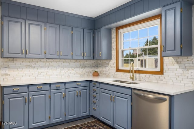 kitchen featuring tasteful backsplash, blue cabinetry, dishwasher, and sink