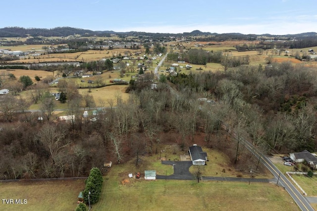 bird's eye view featuring a mountain view and a rural view