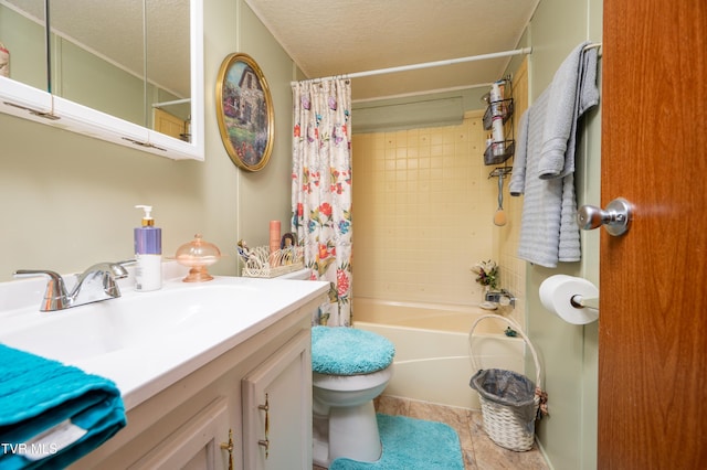 full bathroom featuring shower / tub combo with curtain, tile patterned floors, toilet, a textured ceiling, and vanity