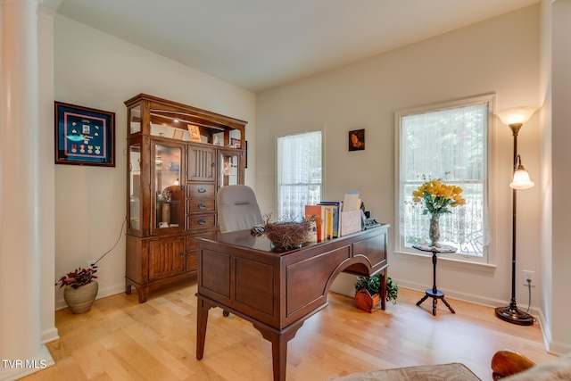 office with light hardwood / wood-style flooring and a wealth of natural light