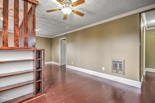 unfurnished living room featuring heating unit, crown molding, wood-type flooring, a textured ceiling, and ceiling fan