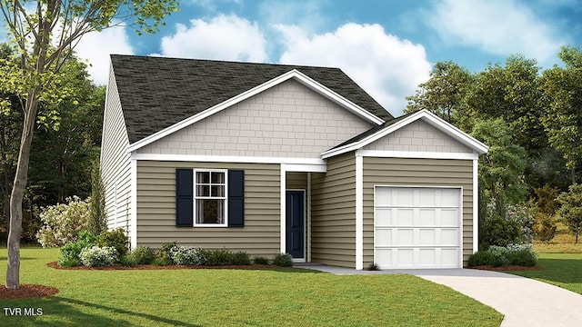 view of front of property featuring a garage and a front lawn