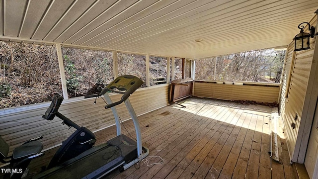 exterior space featuring hardwood / wood-style flooring and wooden ceiling