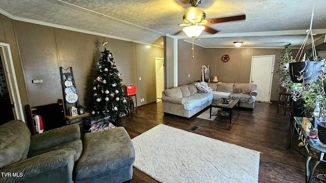 living room with ceiling fan, crown molding, dark hardwood / wood-style floors, and a textured ceiling