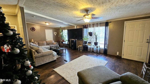 living room with ornamental molding, ceiling fan, a textured ceiling, and dark hardwood / wood-style flooring