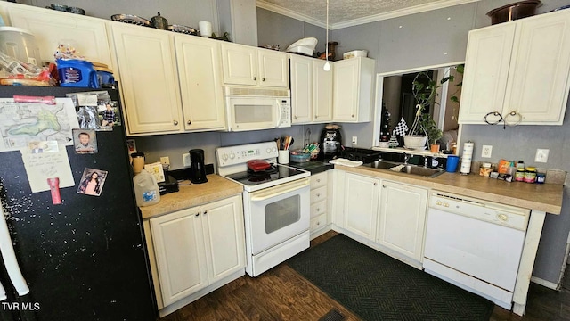 kitchen with sink, dark hardwood / wood-style flooring, white appliances, crown molding, and a textured ceiling