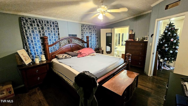 bedroom featuring crown molding, lofted ceiling, dark hardwood / wood-style floors, and a textured ceiling