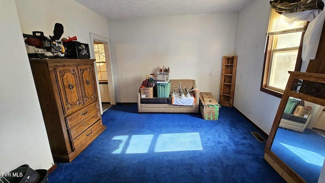 carpeted bedroom featuring a textured ceiling