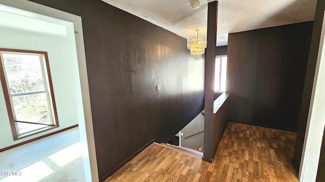 hallway featuring an inviting chandelier, a textured ceiling, dark hardwood / wood-style floors, and a healthy amount of sunlight