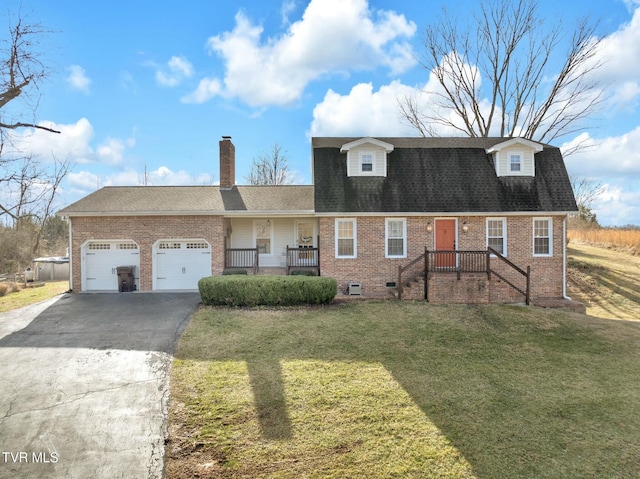 view of front of home featuring a garage, covered porch, and a front yard