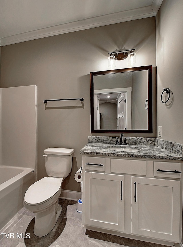 bathroom with crown molding, vanity, toilet, and tile patterned flooring