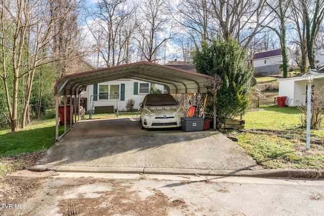 view of parking / parking lot featuring a carport and a lawn