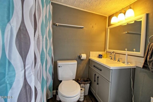 bathroom featuring vanity, toilet, and a textured ceiling