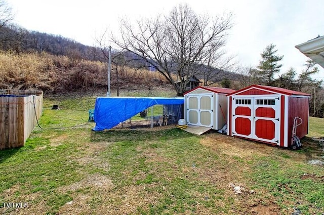 view of yard featuring a storage shed