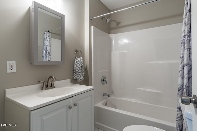 full bathroom featuring toilet, vanity, and shower / bathtub combination with curtain