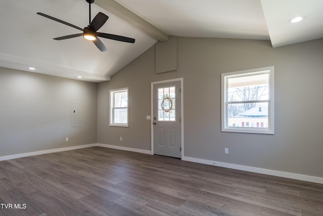 entrance foyer featuring vaulted ceiling with beams, ceiling fan, recessed lighting, wood finished floors, and baseboards