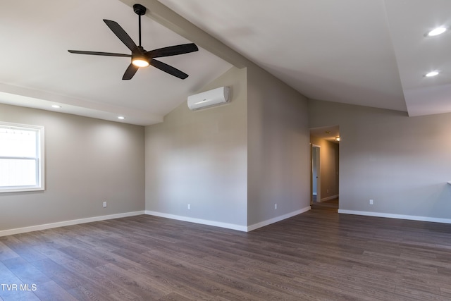 empty room with beam ceiling, dark wood finished floors, recessed lighting, a wall mounted air conditioner, and baseboards