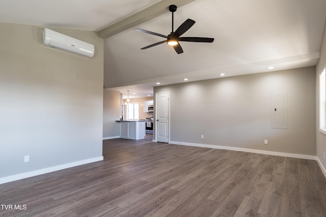 unfurnished living room featuring ceiling fan, baseboards, dark wood-style floors, beamed ceiling, and a wall mounted air conditioner