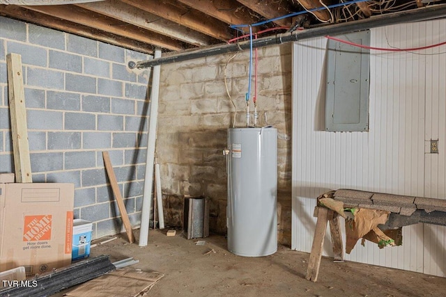 unfinished basement with water heater, electric panel, and concrete block wall