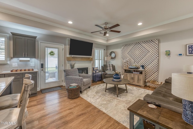 living room with light wood-type flooring, crown molding, and a large fireplace