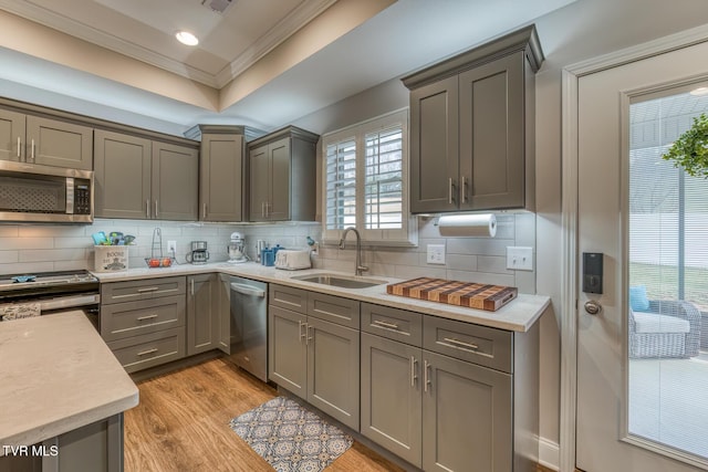 kitchen with stainless steel appliances, light hardwood / wood-style flooring, sink, a raised ceiling, and crown molding