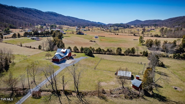 birds eye view of property with a rural view and a mountain view