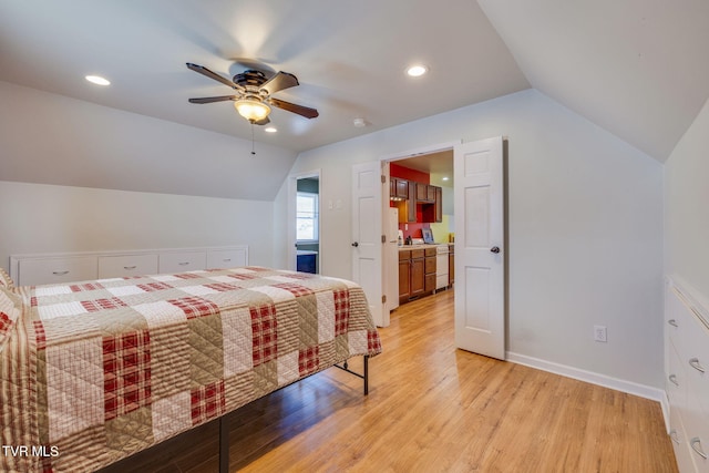 bedroom with baseboards, a ceiling fan, vaulted ceiling, light wood-style floors, and recessed lighting