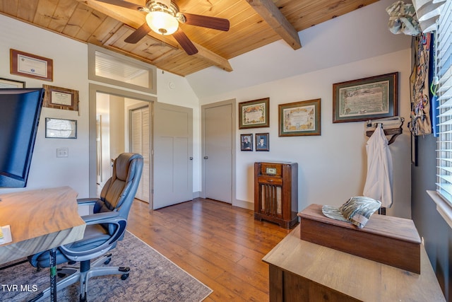 office area featuring vaulted ceiling with beams, ceiling fan, light wood finished floors, and wooden ceiling