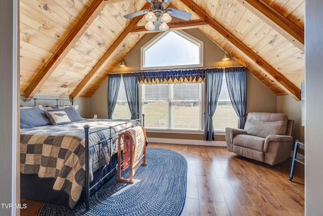 bedroom with wooden ceiling, lofted ceiling with beams, and hardwood / wood-style flooring