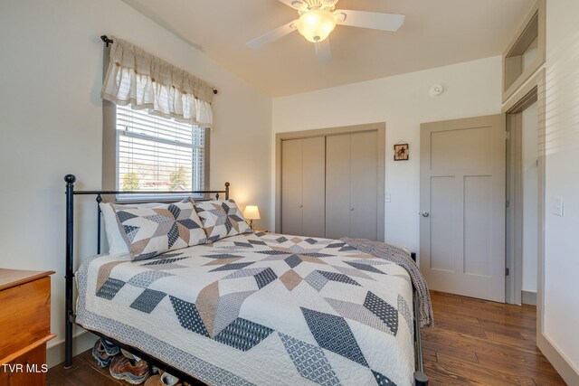 bedroom with ceiling fan, a closet, and wood finished floors