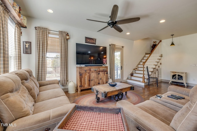 living area featuring stairs, recessed lighting, ceiling fan, and wood finished floors